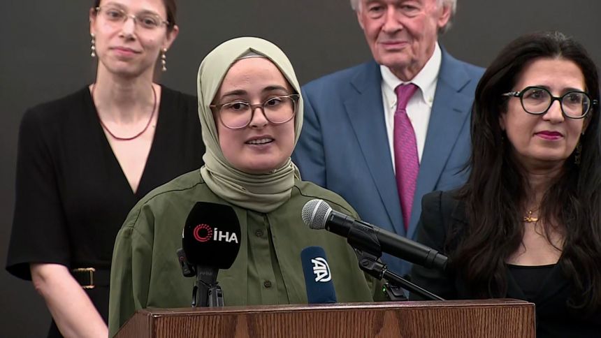Rümeysa Öztürk speaks at a press conference at Boston Logan International Airport on Saturday.