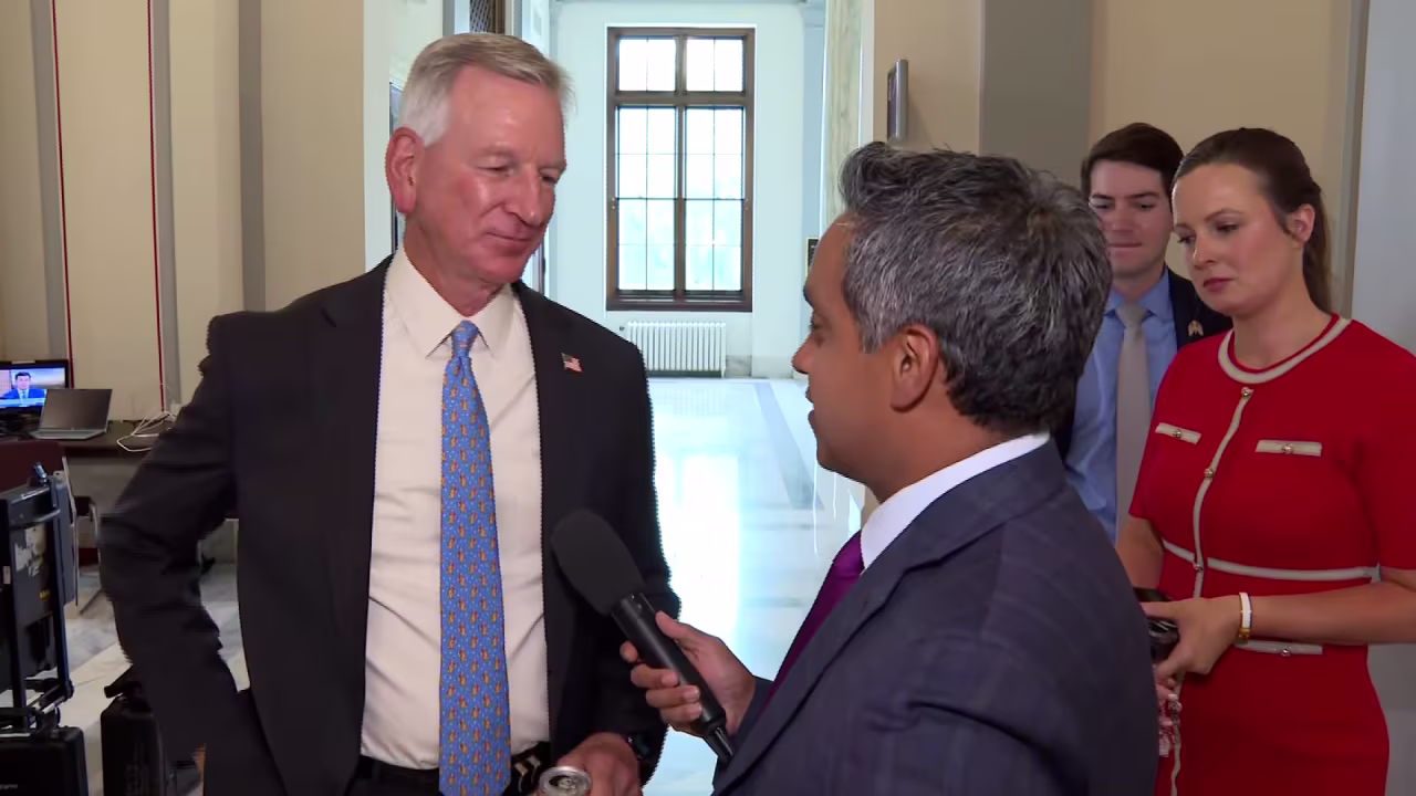 Sen. Tommy Tuberville talks with CNN's Manu Raju on Monday.
