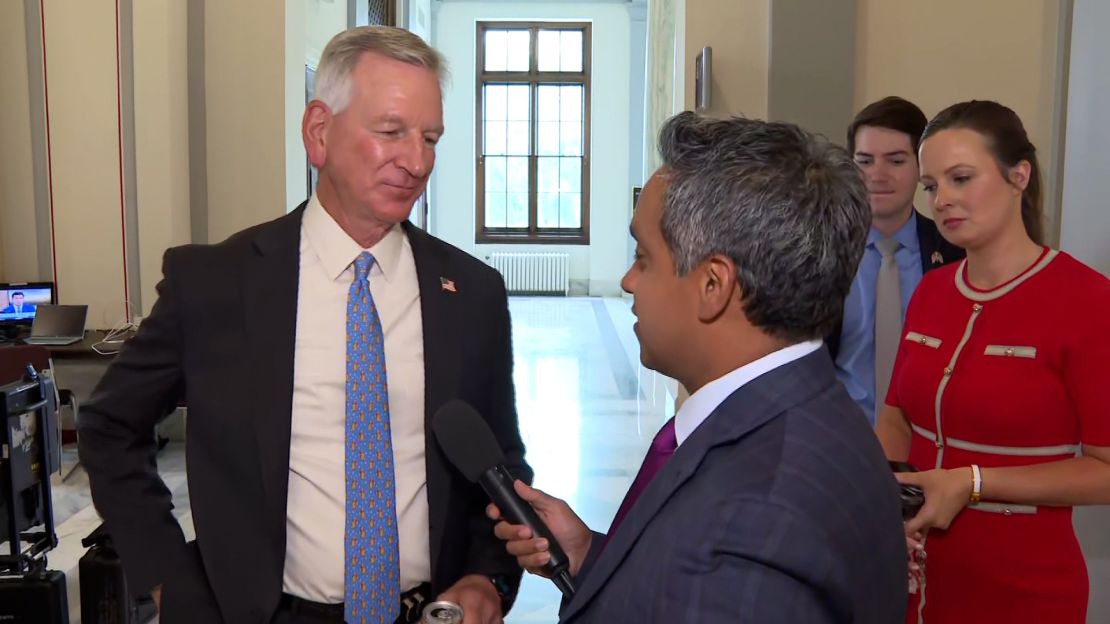 Sen. Tommy Tuberville talks with CNN's Manu Raju on Monday.