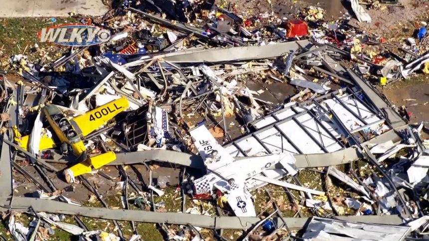 Damage from a Friday night storm is seen at the London-Corbin Airport in London, Kentucky, on Saturday, May 17, 2025.