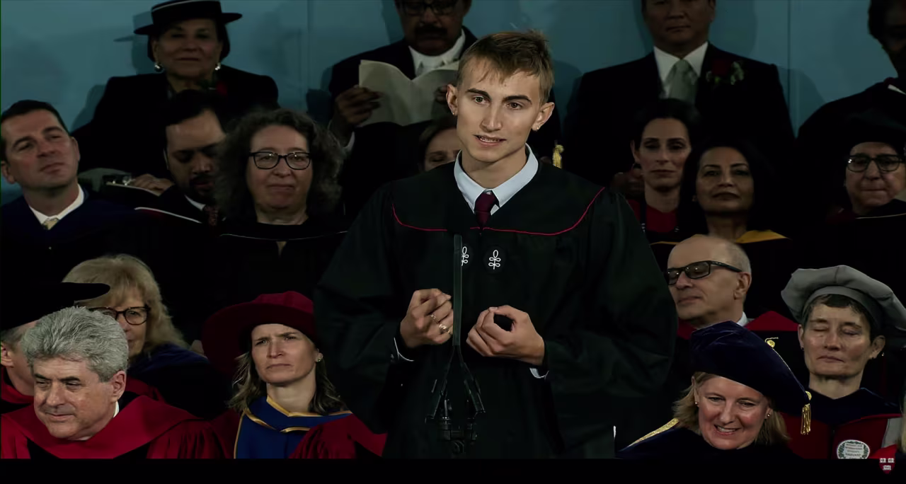 Thor Reimann speaks during his commencement speech at Harvard University on Thursday.