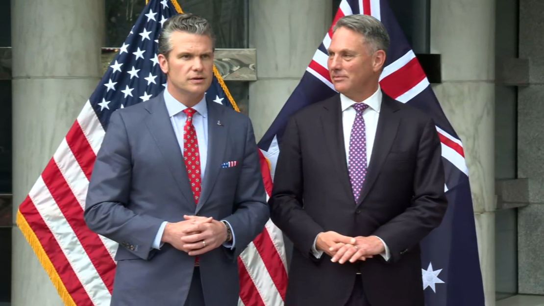 In this screengrab taken from a video, US Secretary of Defense Pete Hegseth speaks to members of the media alongside Australian Defense Minister Richard Marles, in Singapore.