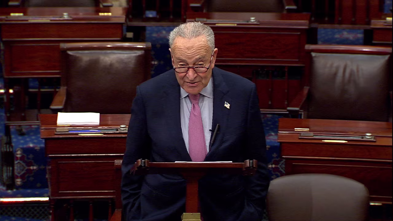 Senate Minority Leader Chuck Schumer speaks on the Senate floor on Thursday.