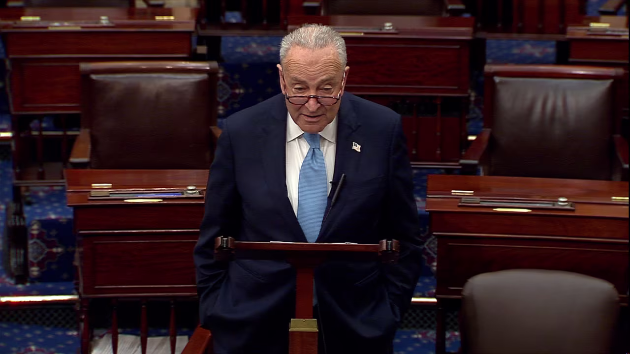 Senate Minority Leader Chuck Schumer speaks on the Senate floor on Monday