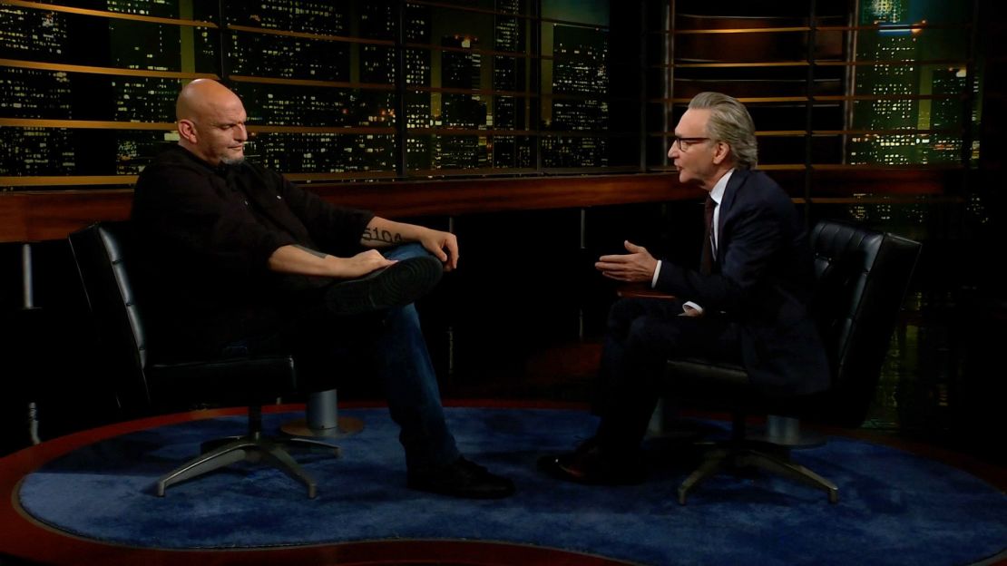 This still from video shows Sen. John Fetterman speaking with Bill Maher during
