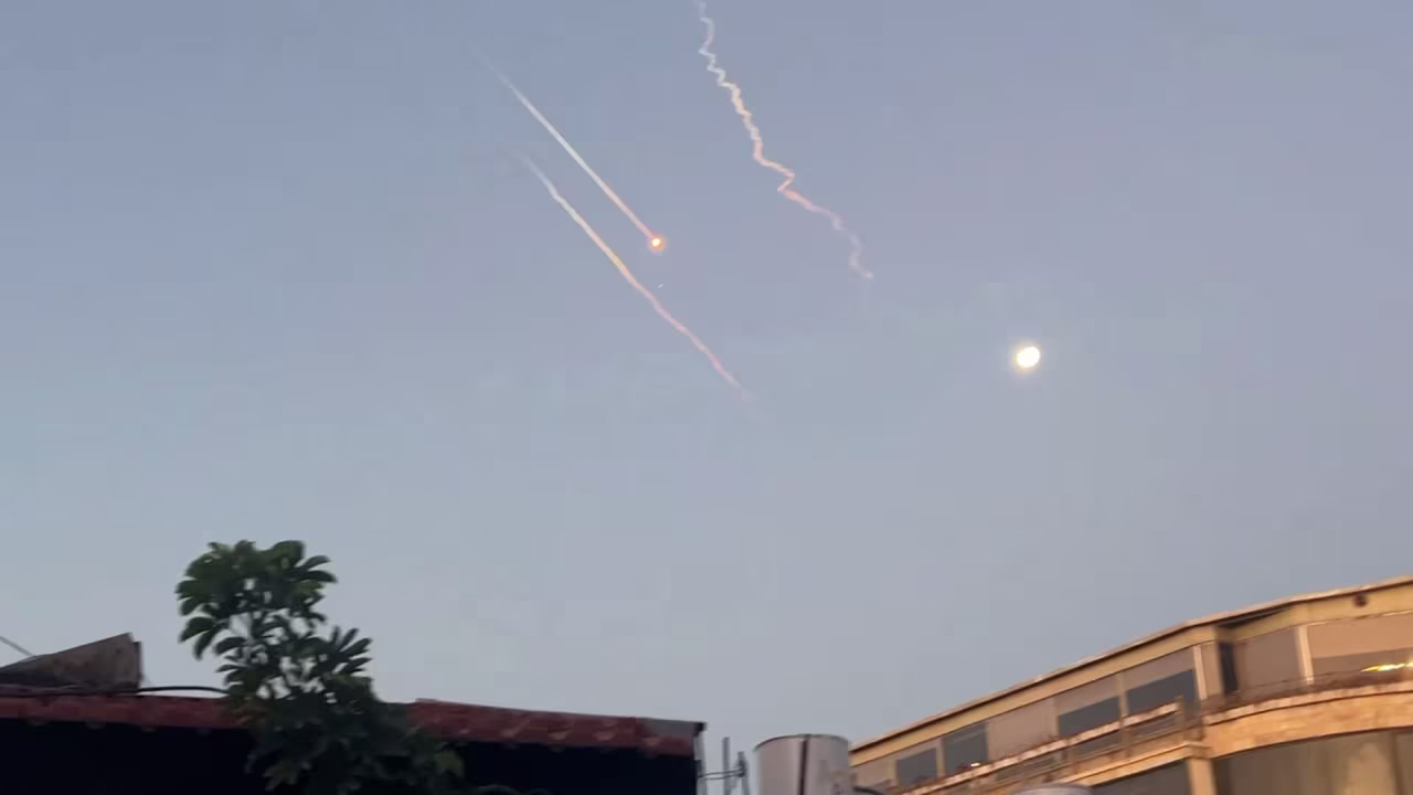 This screengrab taken from a video shows explosions in sky over Jerusalem, at 5:15 a.m. local time on Saturday.