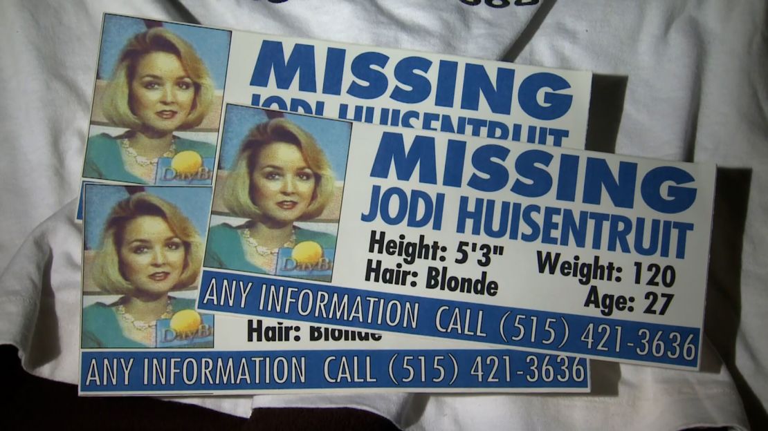 Stickers requesting information on Jodi Huisentruit's disappearance.