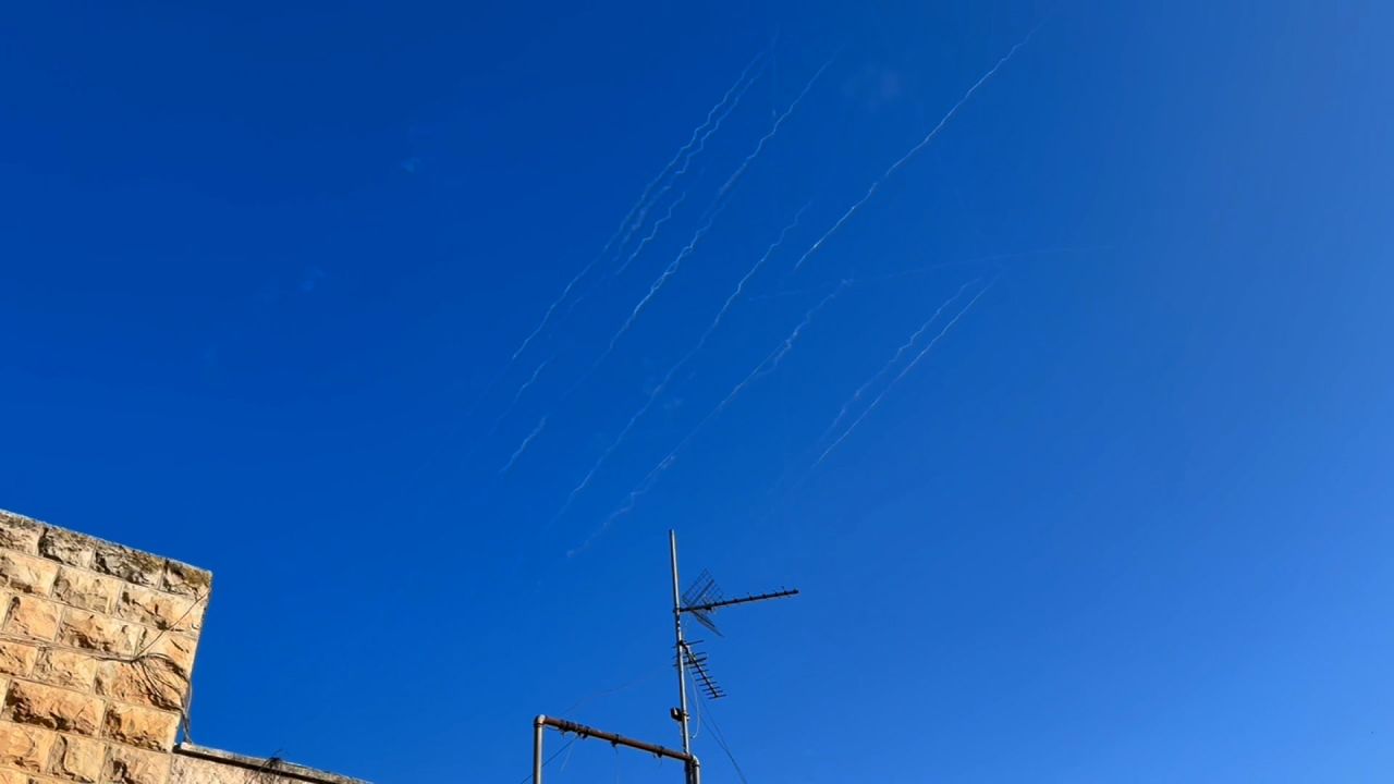 Missile streaks are seen in the sky over Jerusalem on Sunday, as Iran fires towards Israel for the first time since the US carried out strikes on Iranian nuclear facilities.