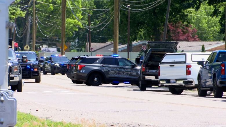 Police vehicles are seen near the site of the shooting in Wayne, Michigan.