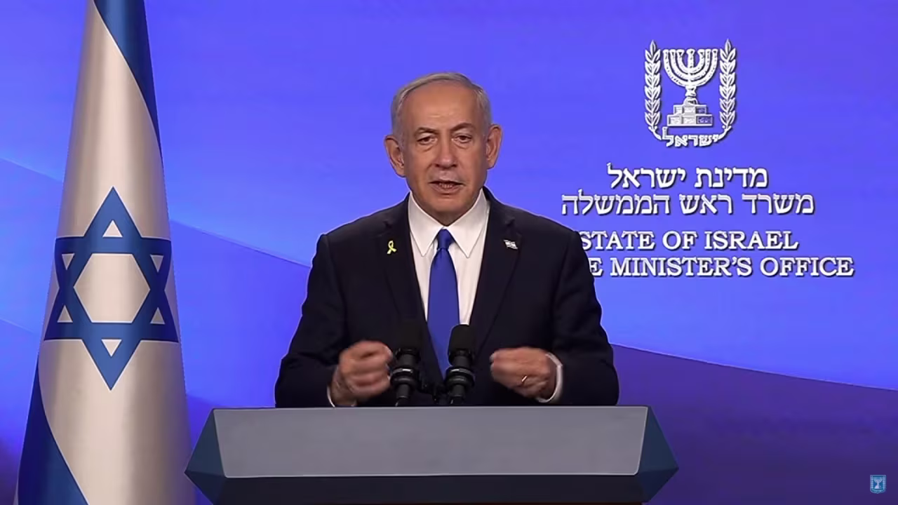Israeli Prime Minister Benjamin Netanyahu speaks during an address on Tuesday.