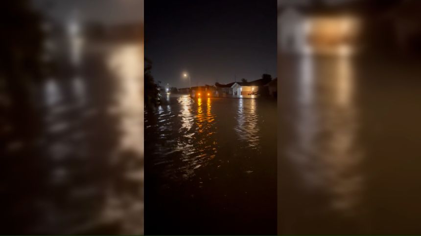 Floodwater makes roads impassible in a neighborhood in Grand Island, Nebraska, in the earliest hours of Thursday morning.
