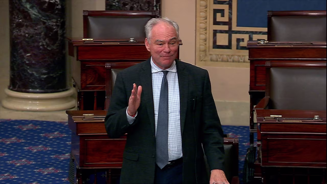 Sen. Tim Kaine speaks on the Senate floor on Friday, June 27.