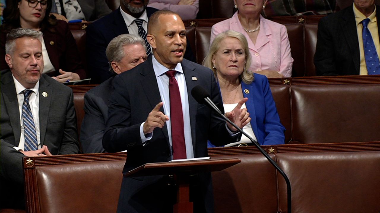 House Minority Leader Hakeem Jeffries speaks on the House floor on Thursday, July 3. 