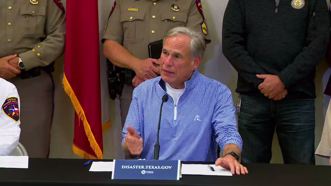 Texas Gov. Greg Abbott speaks at a press conference in Kerr County, Texas on Friday.