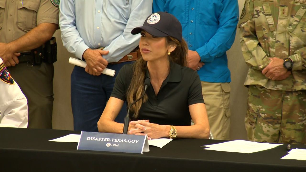 Homeland Security Secretary Kristi Noem speaks during a press conference in Kerrville, Texas, on Saturday.