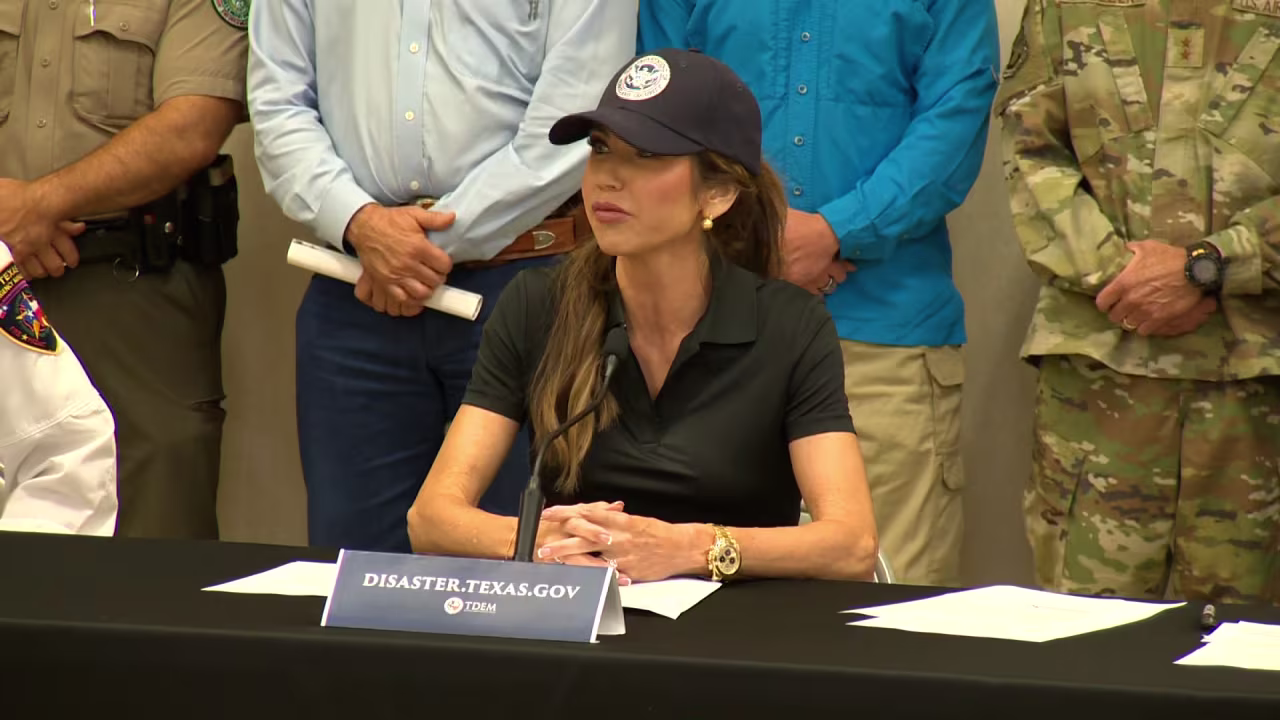Homeland Security Secretary Kristi Noem speaks during a press conference in Kerrville, Texas, on Saturday.