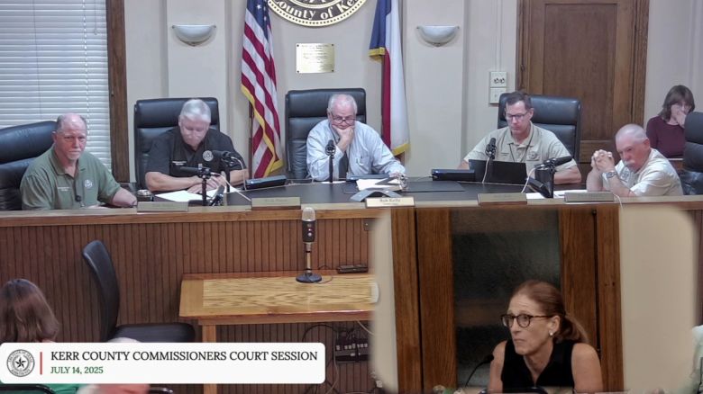 A Kerr County resident speaks at a Kerr County Commissioners meeting on Monday.