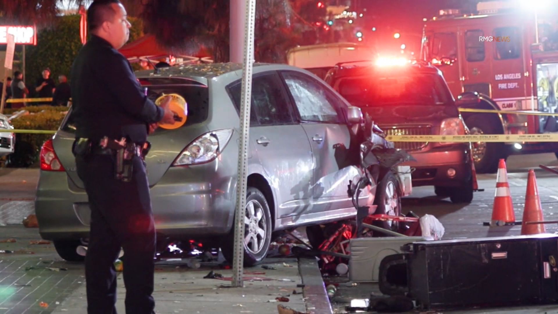 At least 28 people have been injured after an “unknown vehicle” drove into a crowd in East Hollywood early Saturday, according to the Los Angeles Fire Department. Video shot by RMG News shows the aftermath at the scene.