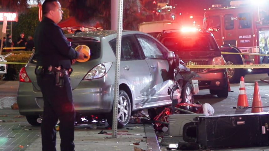 At least 28 people have been injured after an “unknown vehicle” drove into a crowd in East Hollywood early Saturday, according to the Los Angeles Fire Department. Video shot by RMG News shows the aftermath at the scene.