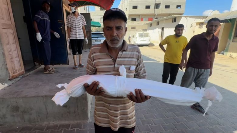 Razan Abu Zaher’s shrouded body is carried after she died from malnutrition.