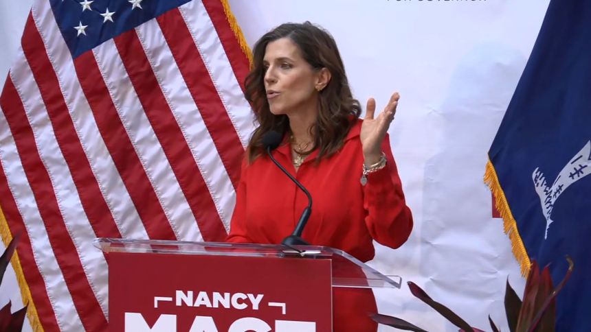 South Carolina Rep. Nancy Mace announces her campaign for the state’s gubernatorial primary in 2026 in Charleston on August 4.