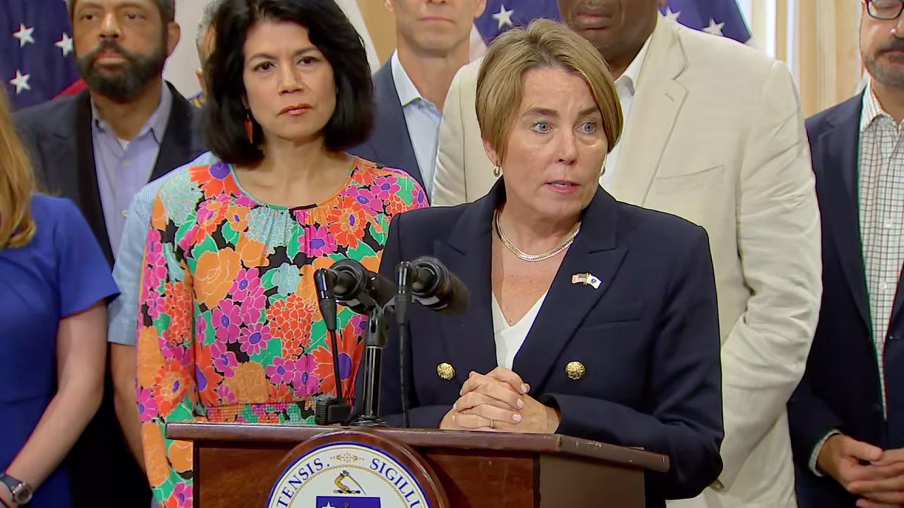 Massachusetts Governor Maura Healey speaks during a press conference on Tuesday, in Boston.