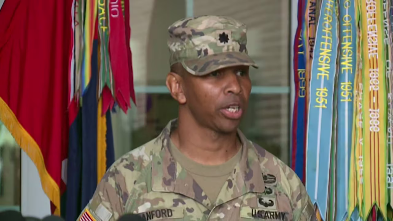 Lt. Col. Mike Sanford speaks during a press conference at Fort Stewart on Thursday.