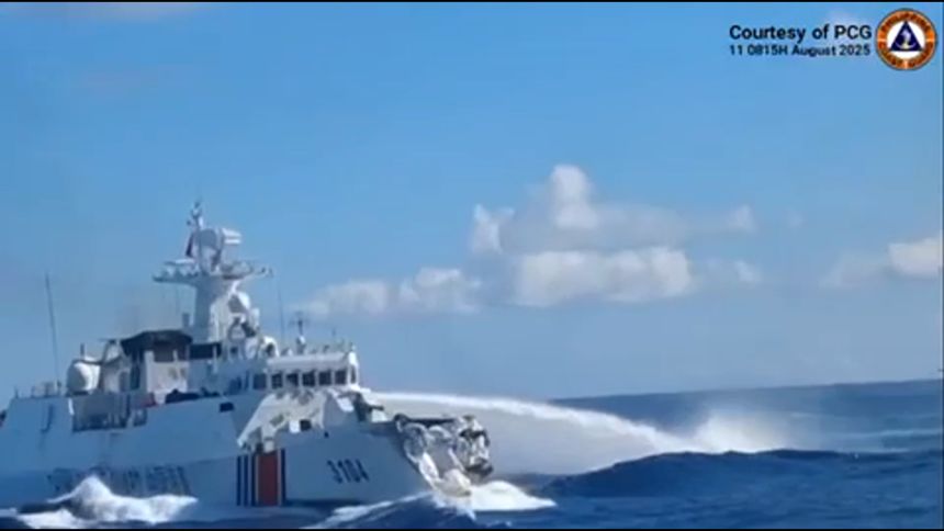 This screen grab shows the damage seen after a Chinese warship collided with one of its own coast guard vessels  in South China Sea on August 11, 2025.