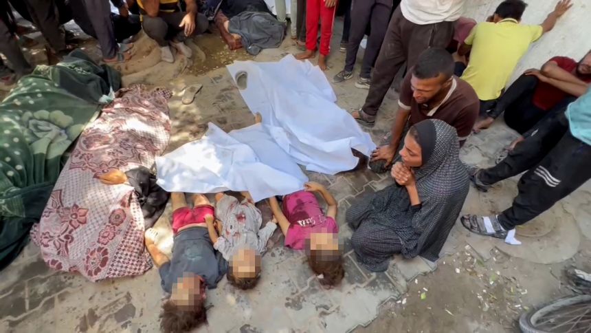 Loved ones cry for Palestinian children killed by an Israeli attack in western Gaza City, northern Gaza, on August 30. One man told CNN, “My daughter is gone, the dearest person in my life.” A portion of this image has been blurred by CNN.