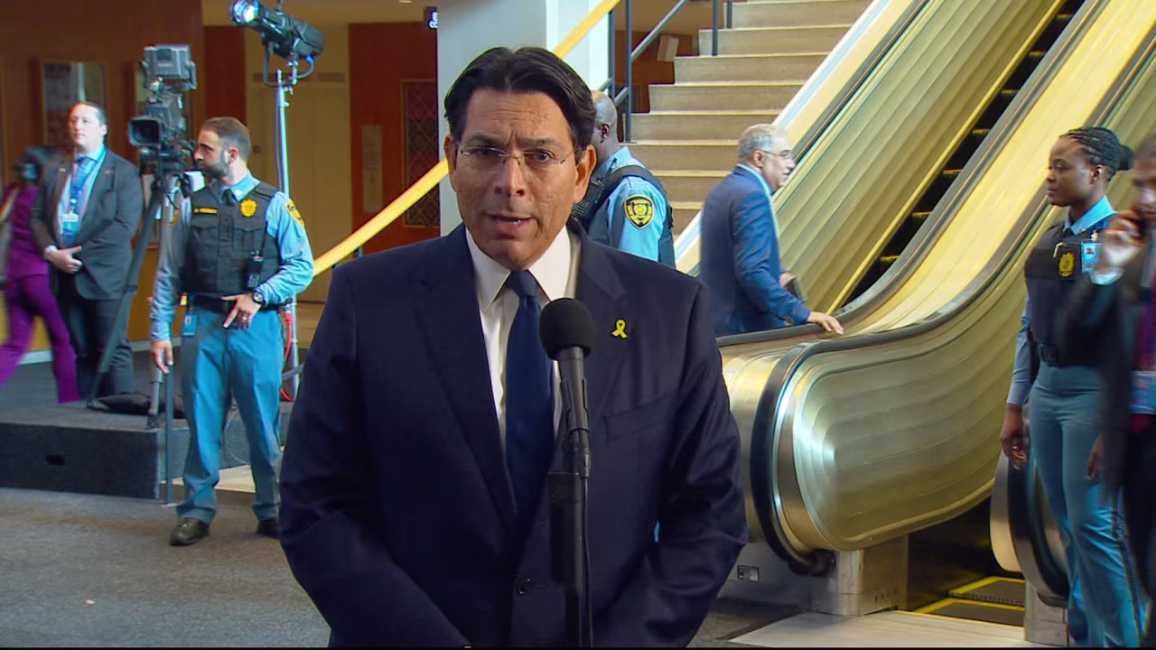 Israeli Ambassador to the United Nations Danny Danon speaks with reporters on Monday.