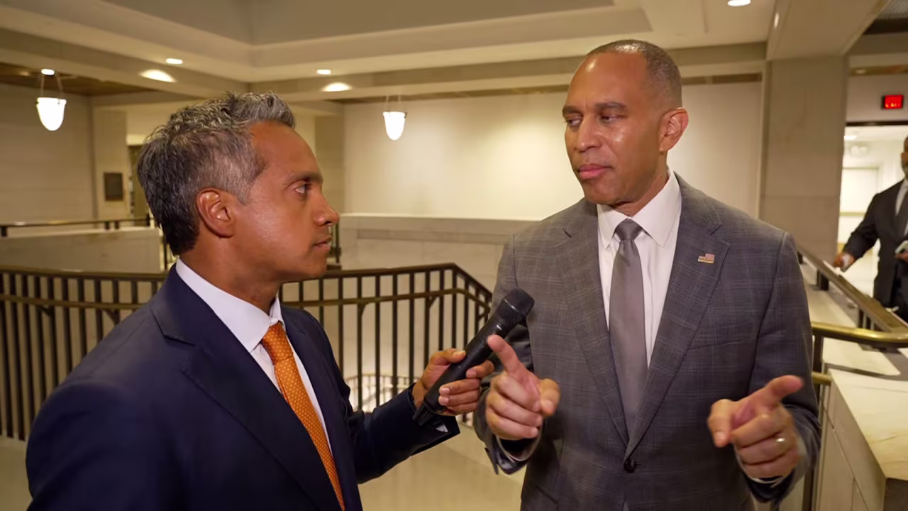 House Minority Leader Hakeem Jeffries speaks with CNN's Manu Raju on Monday.