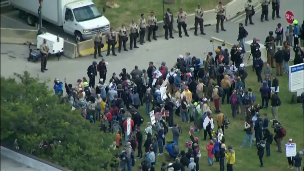 An aerial view of protesters near the Immigration and Customs Enforcement facility in Broadview, Illinois, on Friday.