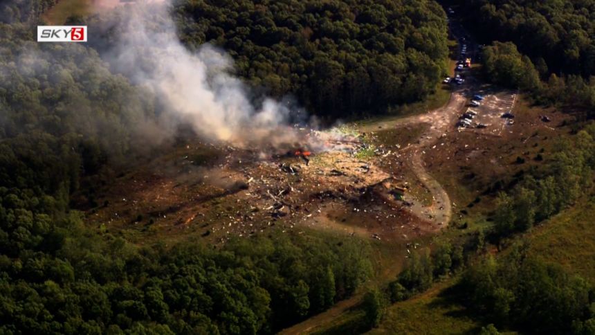 A screengrab from an aerial video shows damage from the explosion at Accurate Energetic Systems, LLC, on the border of Hickman and Humphreys Counties in Tennessee on Friday, October 10, 2025.