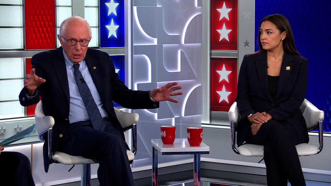 Sen. Bernie Sanders and Rep. Alexandria Ocasio-Cortez participate in a CNN town hall, moderated by Kaitlan Collins, in Washington, DC, on Wednesday.
