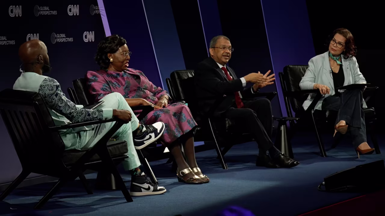 Sunny Verghese (center) co-founder and group CEO of Olam Group Limited, speaks on a panel alongside Florence Wambugu, CEO of Africa Harvest (left) and Dr. Ismahane Elouafi, executive managing director of CGIAR (right), hosted by Larry Madowo.