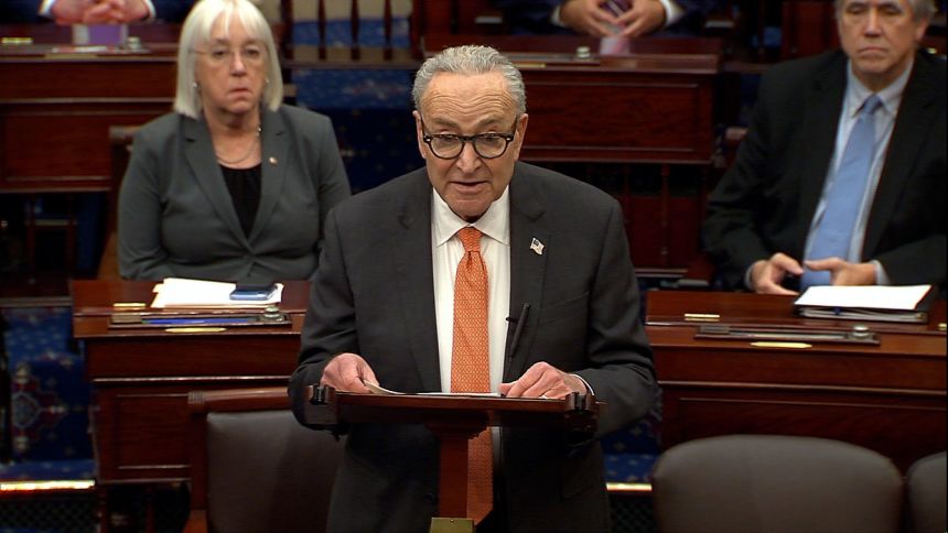 Senate Minority Leader Chuck Schumer speaks from the floor of the US Senate on Friday.