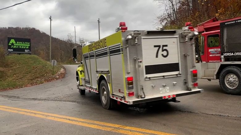 First responders drive into the entrance of the Rolling Thunder mine near Drennen, West Virginia, on Sunday, November 9, 2025.
