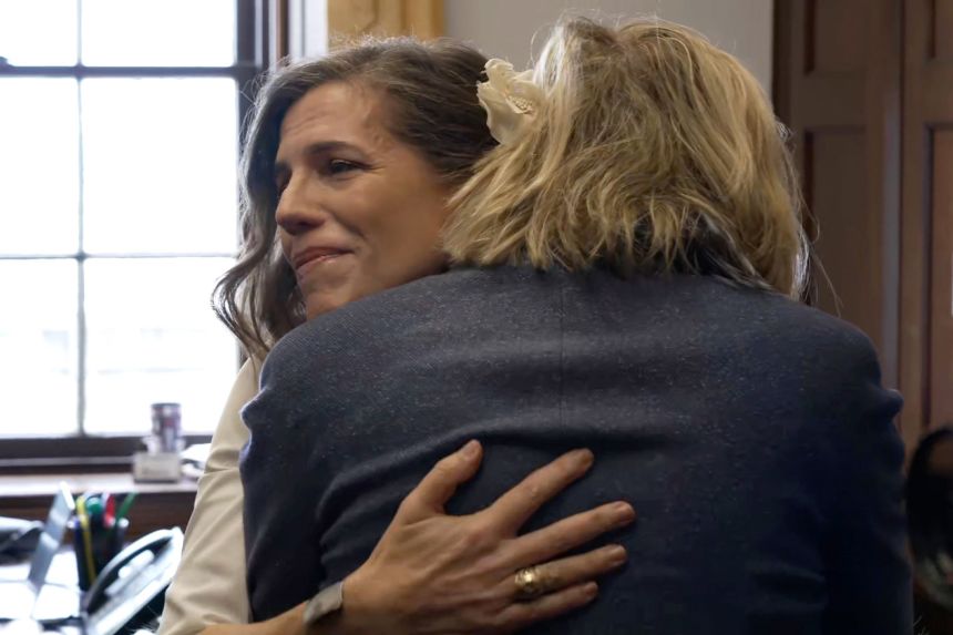 Rep. Nancy Mace recieves a hug from one of the survivors on Tuesday.