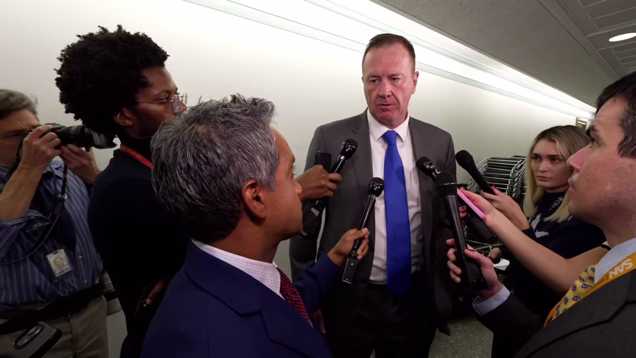 Sen. Eric Schmitt takes questions from members of the press on Capitol Hill, on Wednesday.