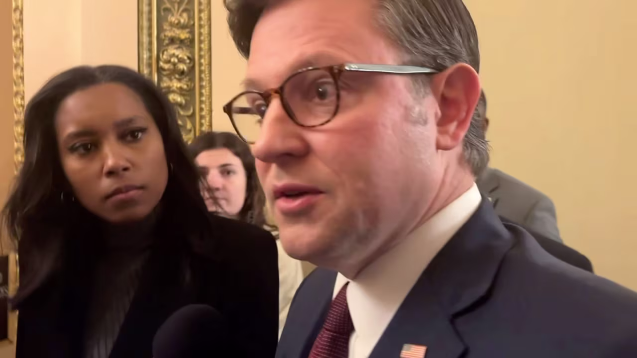 House Speaker Mike Johnson speaks with members of the media on Thursday.