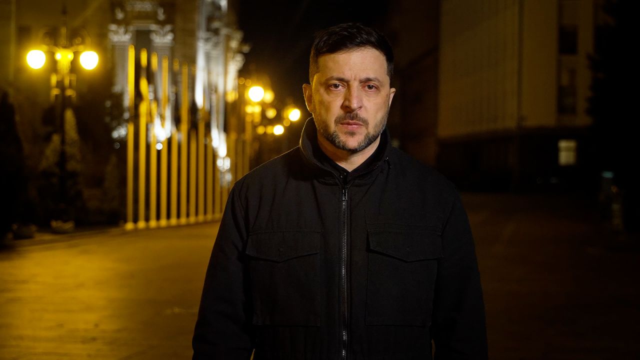 Ukrainian President Volodymyr Zelensky is seen during his daily address on Monday.