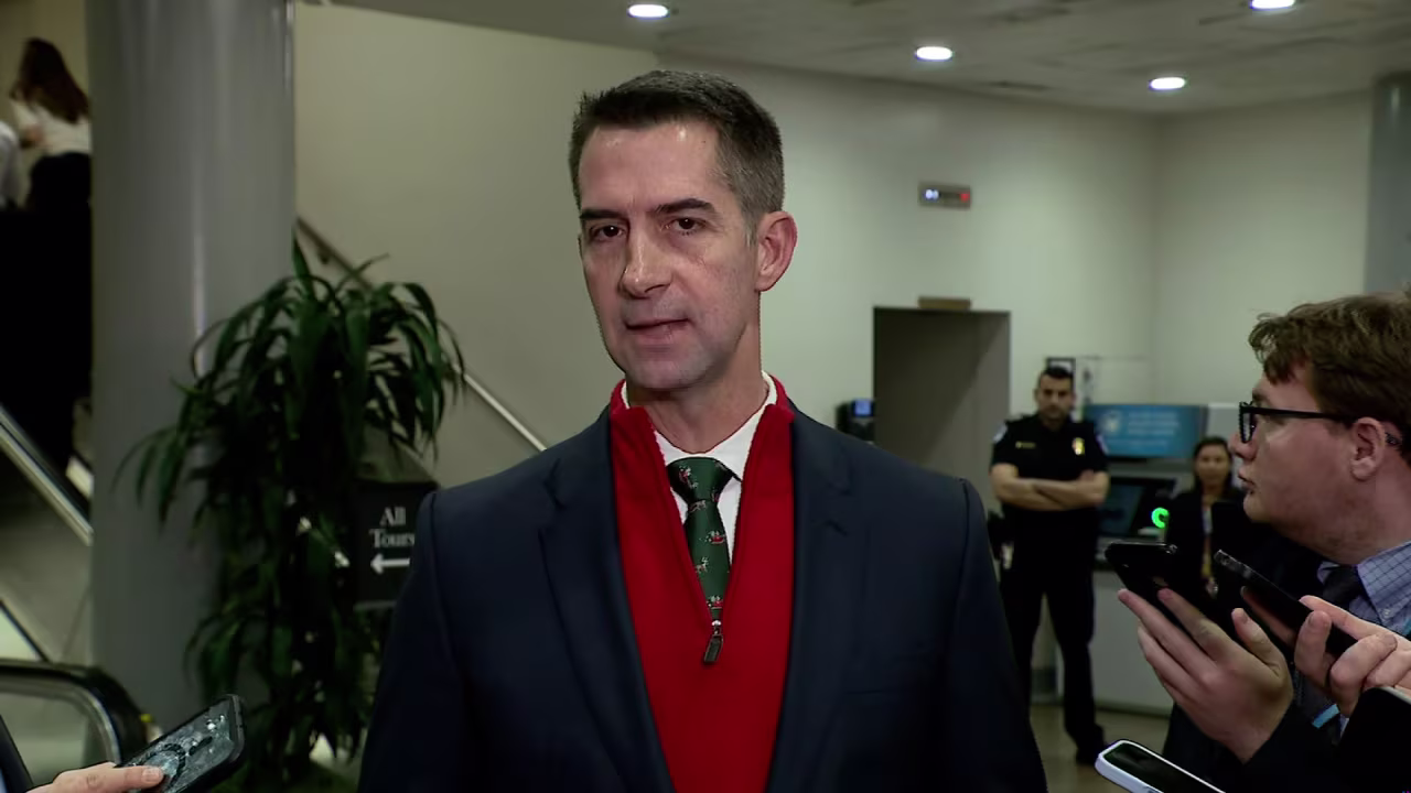 Sen. Tom Cotton, chairman of the Senate Intelligence Committee, speaks with reporters on Thursday.