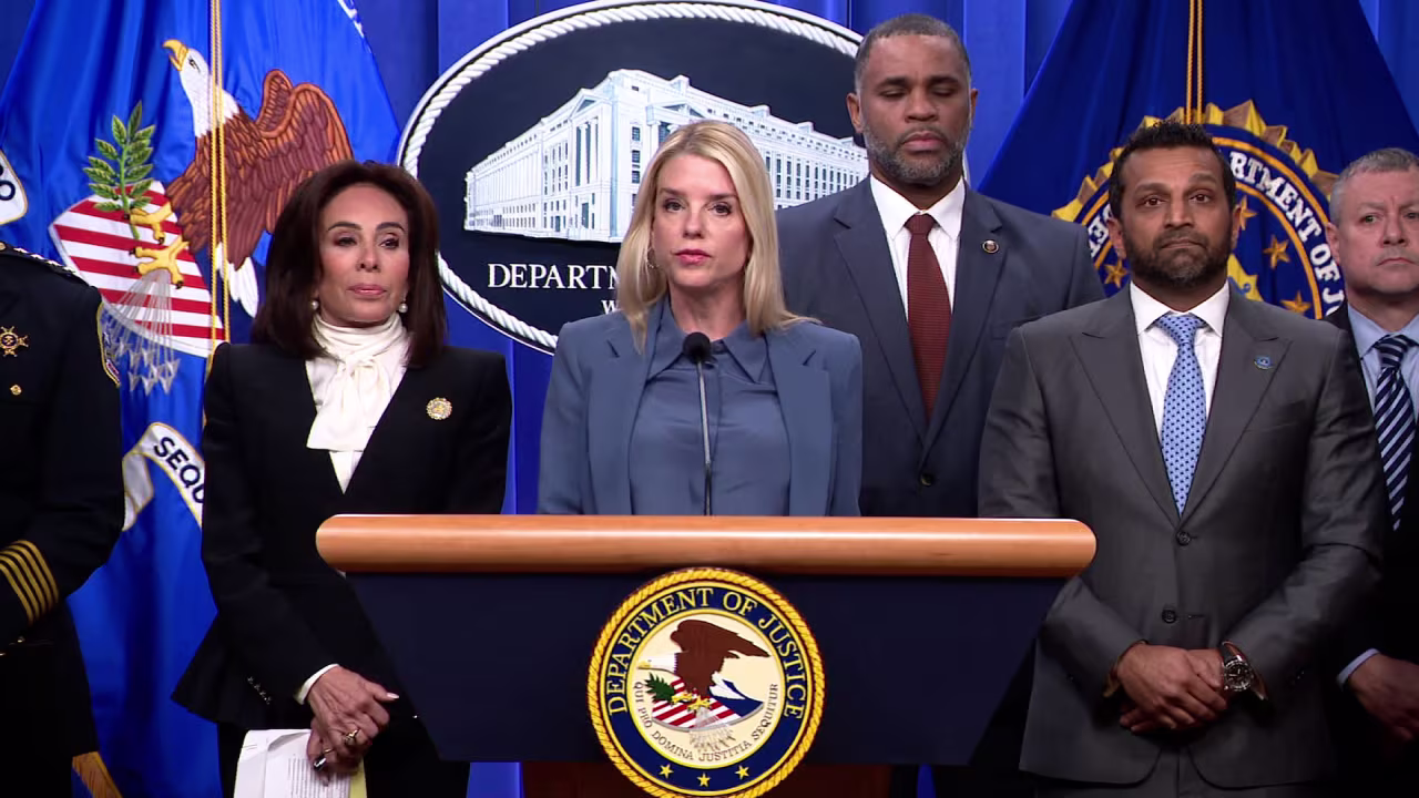 US Attorney for the District of Columbia Jeanine Pirro, Attorney General Pam Bondi, FBI Director Kash Patel and others attend a press conference on Thursday.