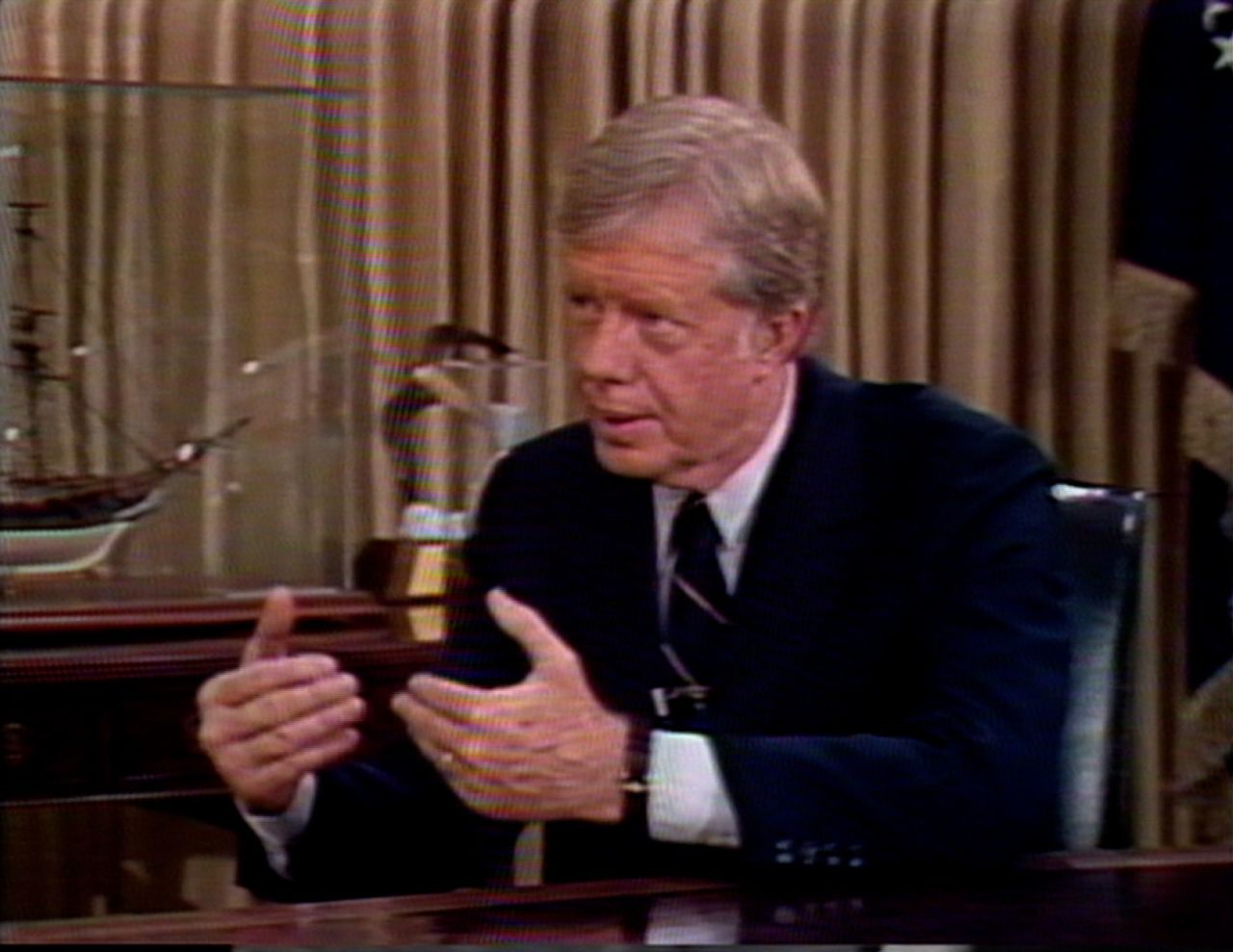 President Jimmy Carter speaks during an interview with CNN on the eve of its launch in 1980.