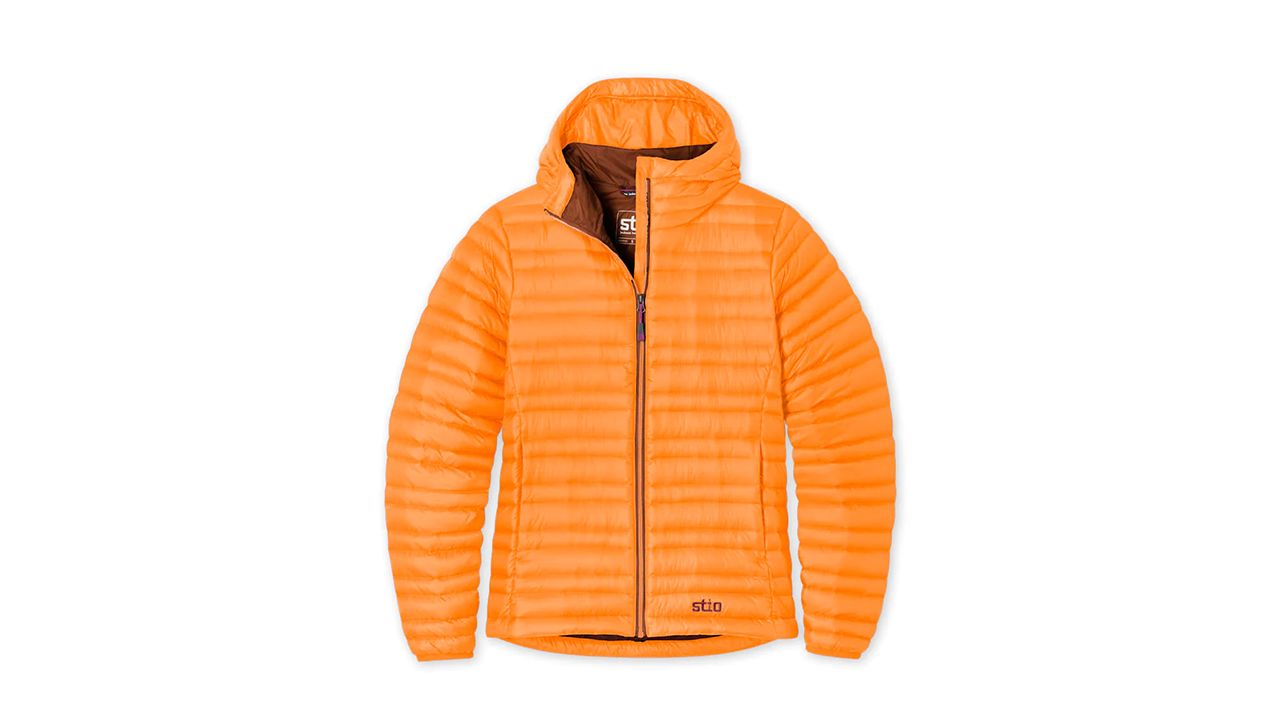 A photo of an orange Stio Pinion Down Hooded Jacket