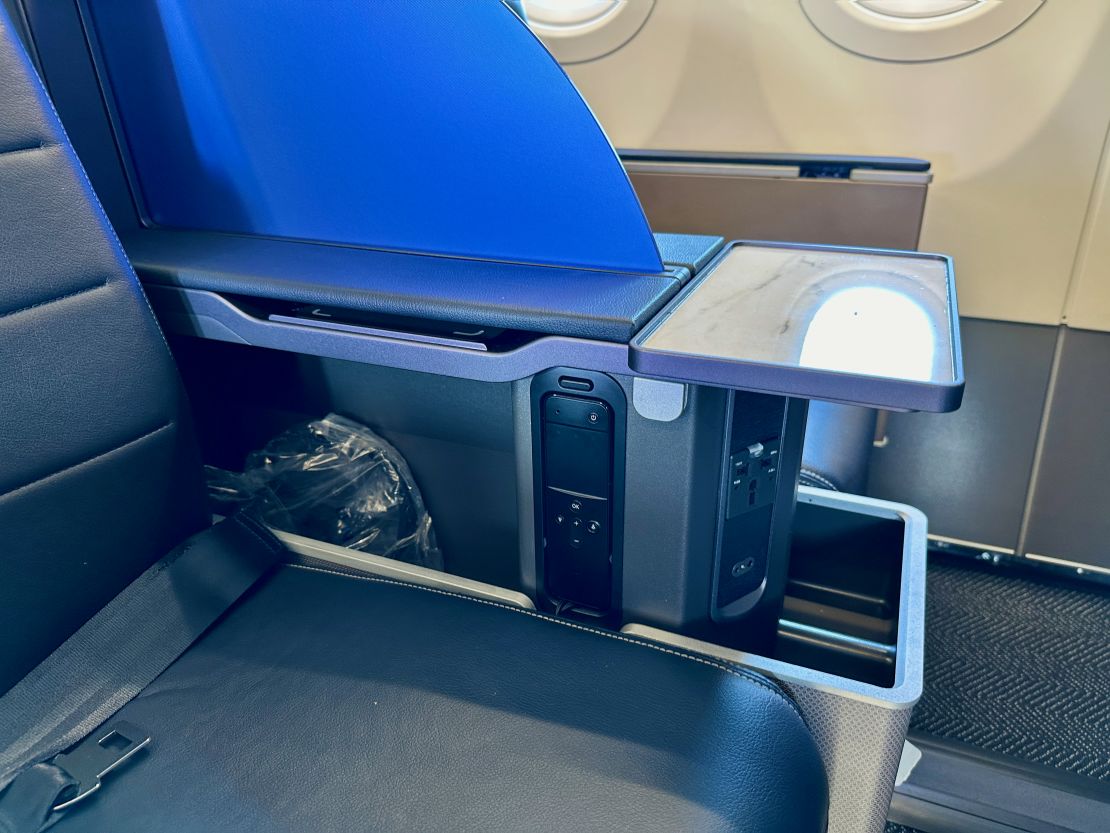 A photo of the in-seat storage compartments in United first class on the Airbus A321neo