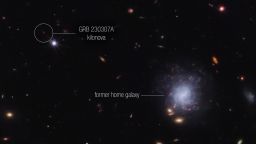 A team of scientists has used NASAâ€™s James Webb Space Telescope to observe an exceptionally bright gamma-ray burst, GRB 230307A, and its associated kilonova. Kilonovasâ€”an explosion produced by a neutron star merging with either a black hole or with another neutron starâ€”are extremely rare, making it difficult to observe these events. The highly sensitive infrared capabilities of Webb helped scientists identify the home address of the two neutron stars that created the kilonova. This image from Webbâ€™s NIRCam (Near-Infrared Camera) highlights GRB 230307Aâ€™s kilonova and its former host galaxy among their local environment of other galaxies and foreground stars. The neutron stars were kicked out of their home galaxy and traveled the distance of about 120,000 light-years, approximately the diameter of the Milky Way galaxy, before finally merging several hundred million years later.