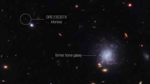 A team of scientists has used NASAâs James Webb Space Telescope to observe an exceptionally bright gamma-ray burst, GRB 230307A, and its associated kilonova. Kilonovasâan explosion produced by a neutron star merging with either a black hole or with another neutron starâare extremely rare, making it difficult to observe these events. The highly sensitive infrared capabilities of Webb helped scientists identify the home address of the two neutron stars that created the kilonova.

This image from Webbâs NIRCam (Near-Infrared Camera) highlights GRB 230307Aâs kilonova and its former host galaxy among their local environment of other galaxies and foreground stars. The neutron stars were kicked out of their home galaxy and traveled the distance of about 120,000 light-years, approximately the diameter of the Milky Way galaxy, before finally merging several hundred million years later.