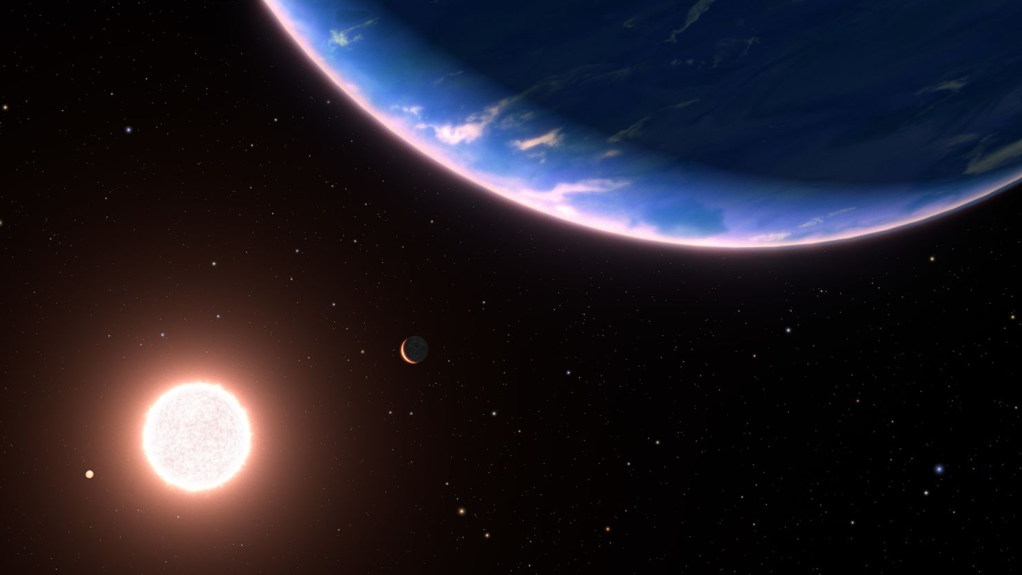 An artist's illustration depicts exoplanet GJ 9827d (foreground, right) — the smallest exoplanet where atmospheric water vapor has been detected — as it orbits a host star. Two inner planets (bottom left) in the system are also shown.