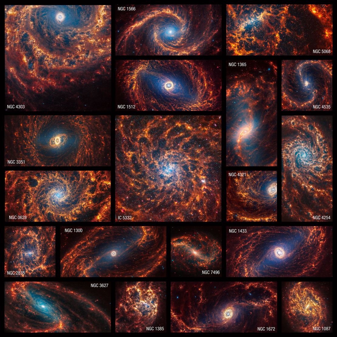 The James Webb Space Telescope captured images of 19 spiral galaxies in near- and mid-infrared light.